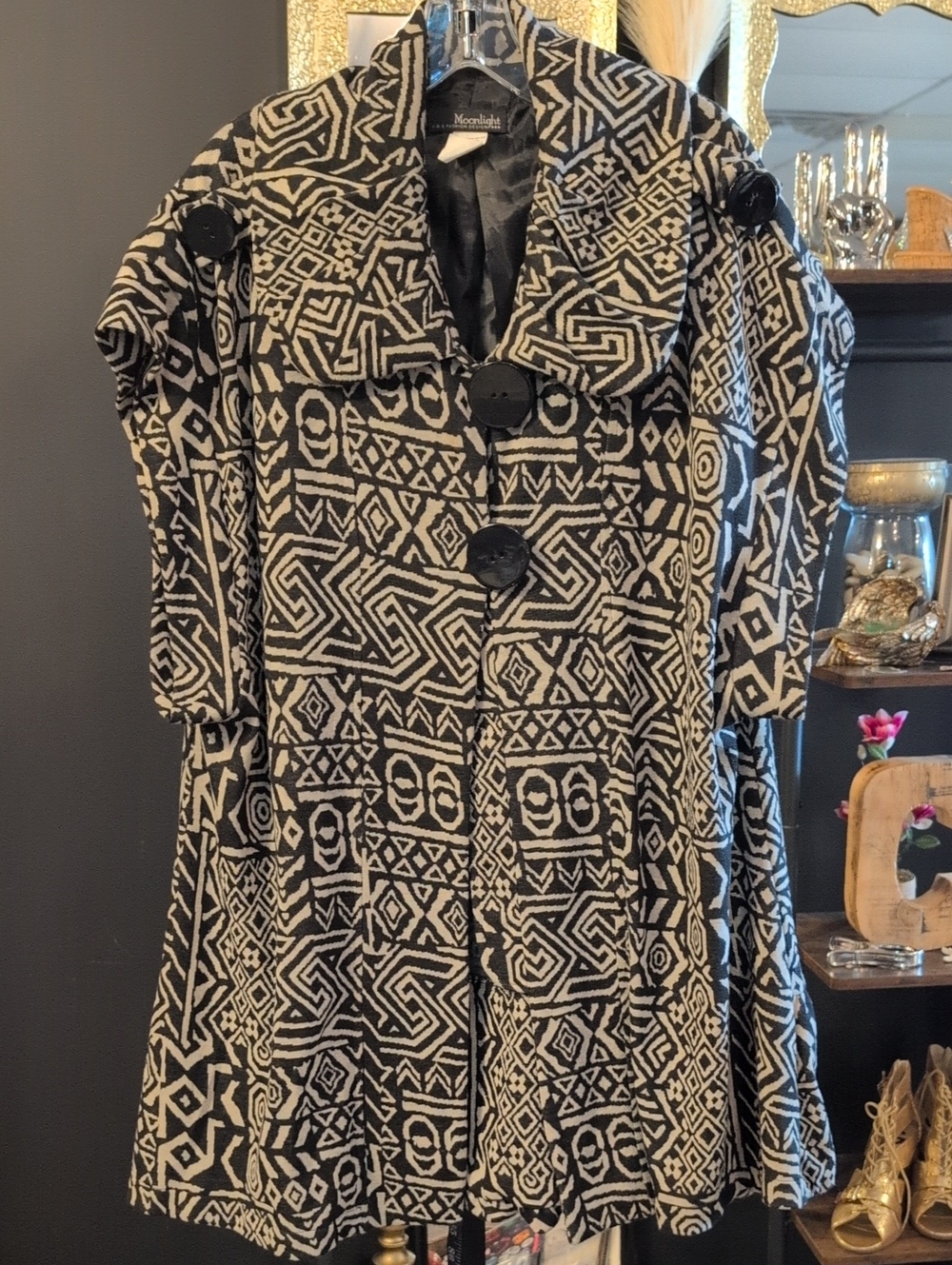 Moonlight Black and Ivory Patterned Women's Coat Sweater